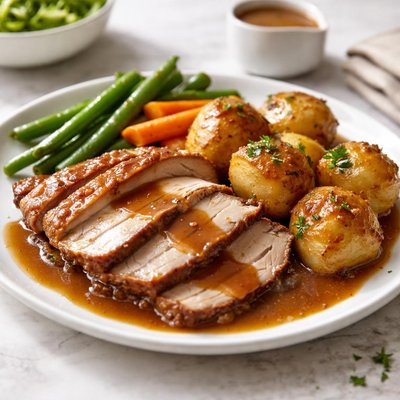 Rost pork with spuds and gravey