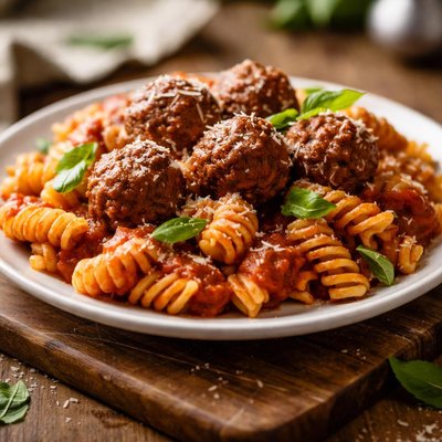 Rotini pasta with tomato sauce and meatballs