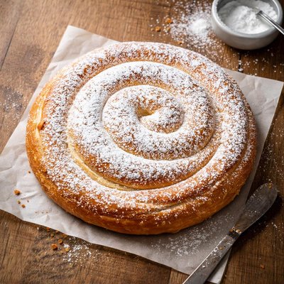 Round pastry with powdered sugar