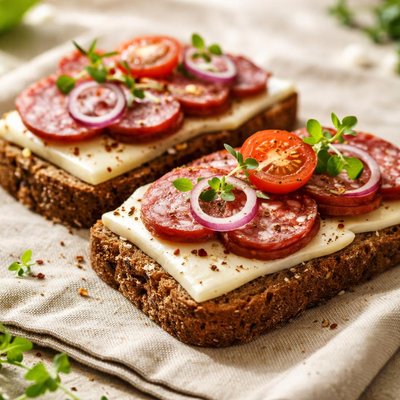 Rye bread with cheese and sausage