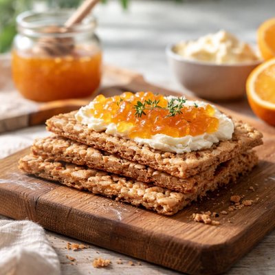 Rye crispbread with cheese and orange jam