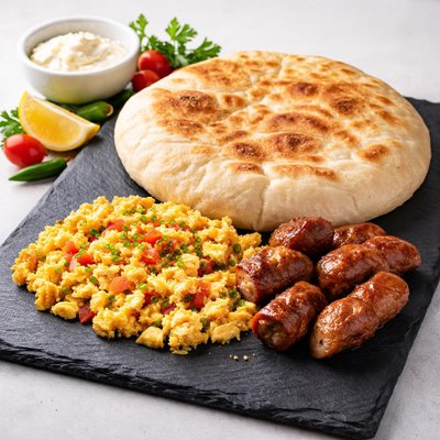 Sada bake with scrambled eggs and sausage