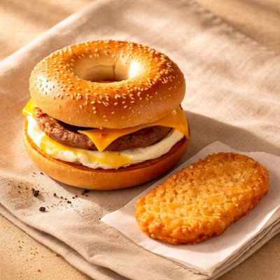 Saisage egg ane cheese bagel mcdonalds and hash brown