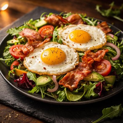 Salad bacon fried eggs