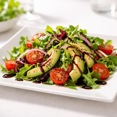 Salad with avocado and balsamic glaze