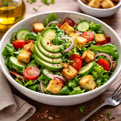 Salad with avocado and croutons