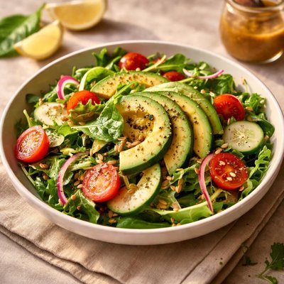 Salad with avocado and dressing