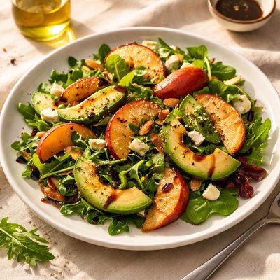 牛油果桃子沙拉橄榄油和意大利香醋