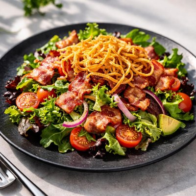 Salad with bacon and fried onions