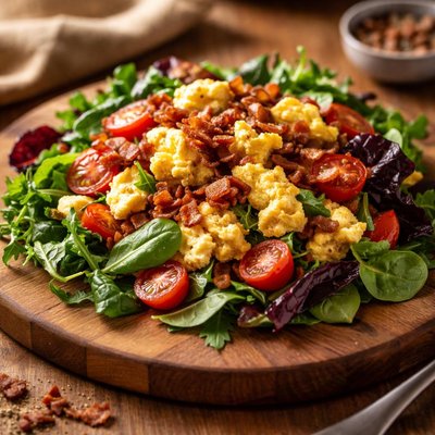 Ensalada con trocitos de tocino y huevos revueltos