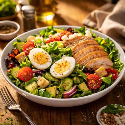 Salad with boiled egg and chicken