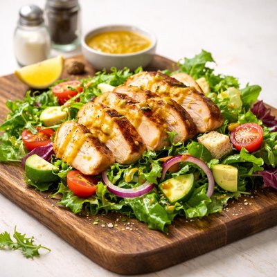 Salad with chicken breast and honey mustard dressing