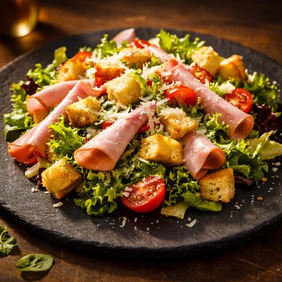 面包块沙拉配奶酪和火腿