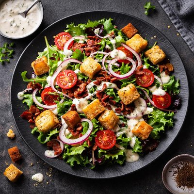 Salad with croutons and ranch dressing
