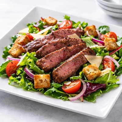 Salad with croutons and steak