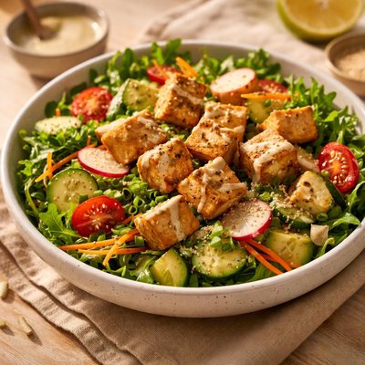 Salad with dressing and tofu