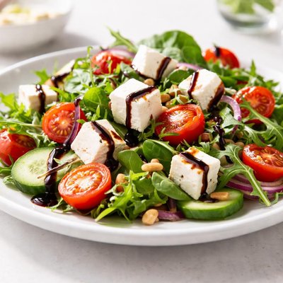Salad with feta cheese and balsamic glaze