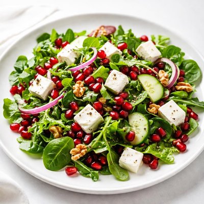 Salad with feta cheese and pomegranate seeds