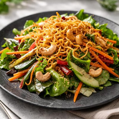 Salad with fried noodles and cashews