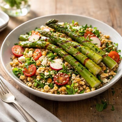 Salad with grilled asparagus and grains