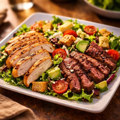 Salad with grilled chicken and beef