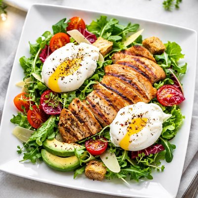 Salad with grilled chicken and poached eggs