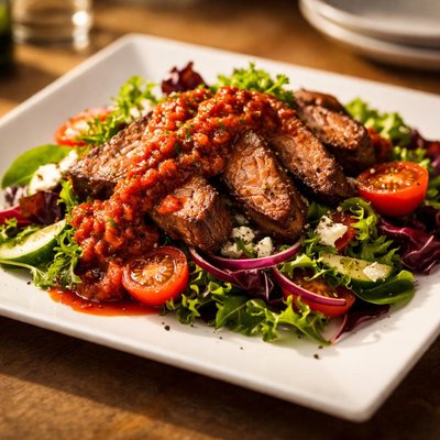 Salad with meat and tomato sauce