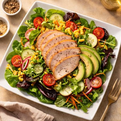 Salad with mixed vegetables and turkey slices