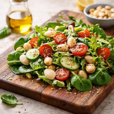 Salad with olive oil and macadamia nuts