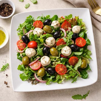 Salad with olives and mozzarella cheese