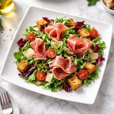 Salad with prosciutto and croutons