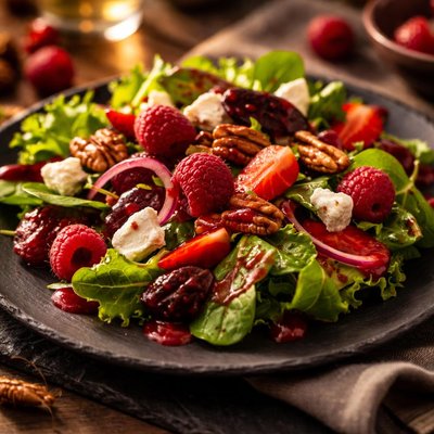 Salad with rasberry vingerette dressing