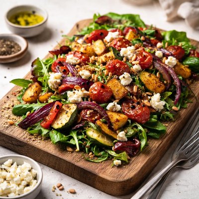Salad with roasted vegetables and cheese