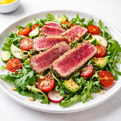 Salad with seared tuna and pine nuts