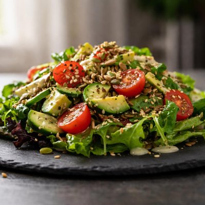 Salad with seeds and dressing