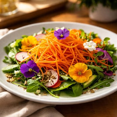 胡萝卜丝和食用花的沙拉