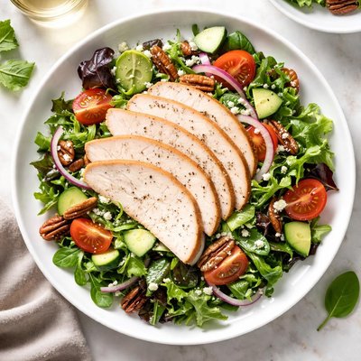 Salad with sliced turkey