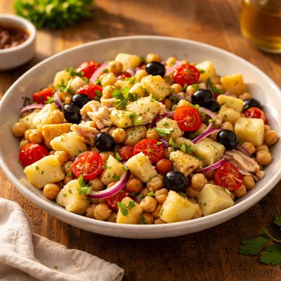 Salada de bacalhau com grao de bico e batata