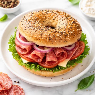 Salami and bagel sandwch