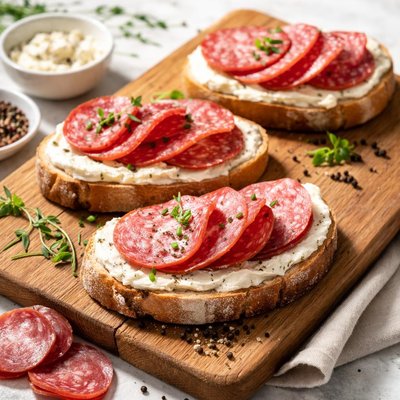 莎拉米面包配奶酪泥