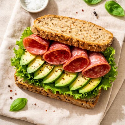 Salami lettuce and avocado sandwich