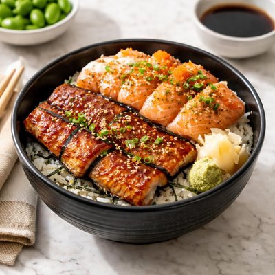 Salmon aburi and unagi don
