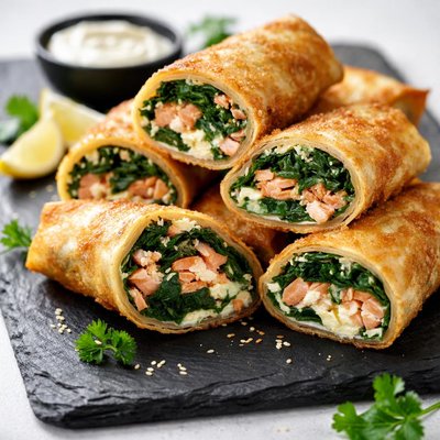 Salmon and spinach eggroll