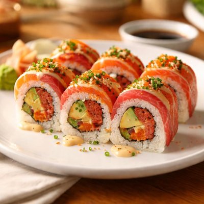 Salmon avocado tuna sushi roll