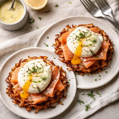 huevos benedictinos de salmón sobre latke