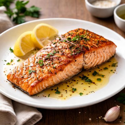 Salmon fillet seared in olive oil