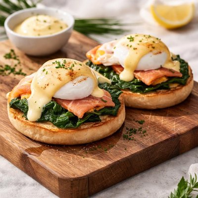Salmon florentine eggs benedict