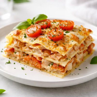 Salmon lasagna with tomatoes