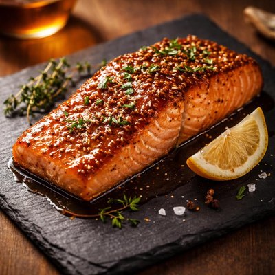 Salmon piece with honey and mustard