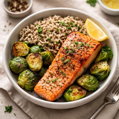 Salmon quinoa and brussels sprouts